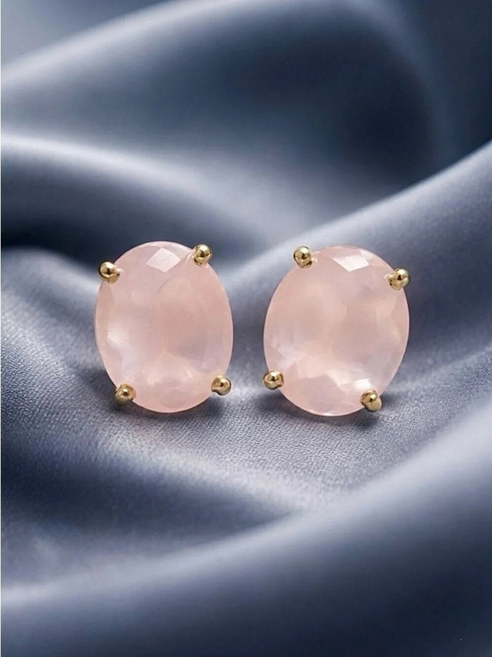 NEW Rose Quartz Oval Stud Earrings Natural Stone18K Plated Old Money Classic